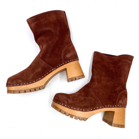 Swedish Hasbeens Suede Teddy Boots Platform Cognac Block Heel Pull On Sz 37 / 7 - Picture 6 of 10